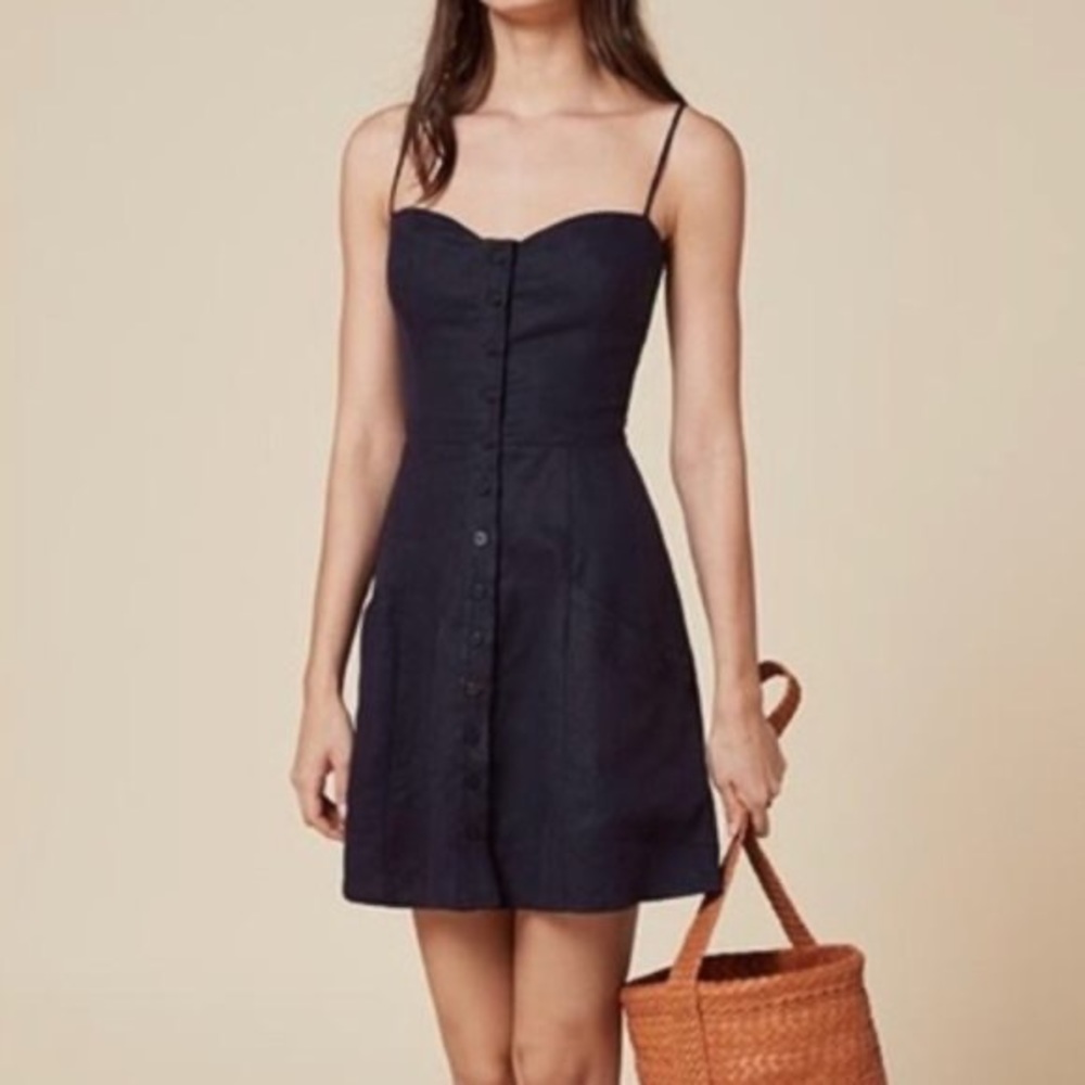 Reformation Amery Navy Blue Mini Linen Dress